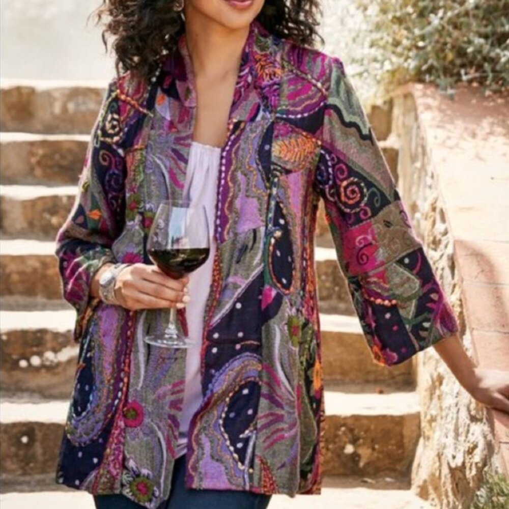 Soft Surroundings kimono jacket art to wear embroidered floral patchwork size XS